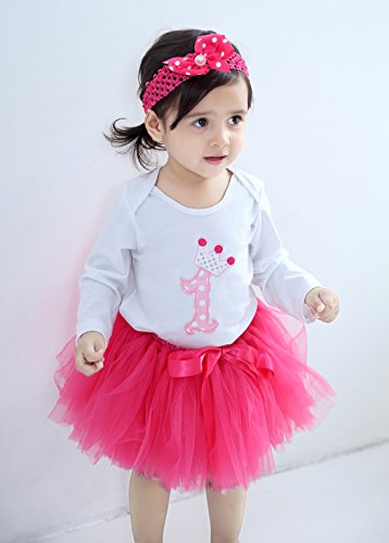 URBEAR Bebé Niña 3pcs vestido de Rosa Roja tutú+ropa+diadema Corona Patrón de primer cumpleaños para.12-24 Meses
