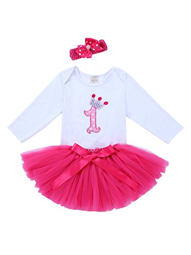 URBEAR Bebé Niña 3pcs vestido de Rosa Roja tutú+ropa+diadema Corona Patrón de primer cumpleaños para.12-24 Meses