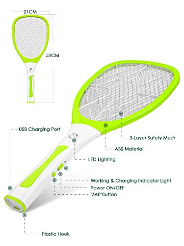 Urslif - Raqueta eléctrica para eliminar la trampa de mariposa, moscas y otros insectos. Volantes recargables por USB, iluminación LED, tres capas de protección de malla, color amarillo