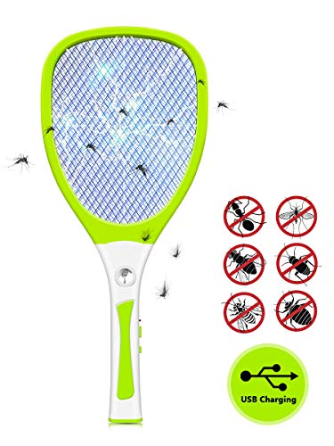 Urslif - Raqueta eléctrica para eliminar la trampa de mariposa, moscas y otros insectos. Volantes recargables por USB, iluminación LED, tres capas de protección de malla, color amarillo