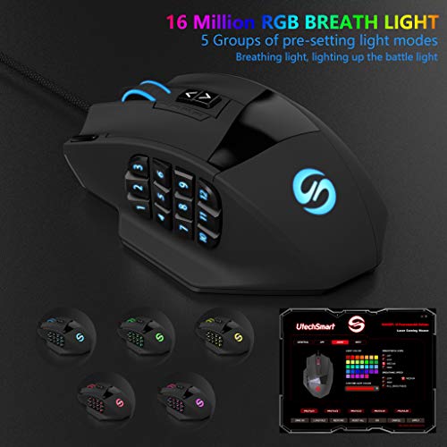 UtechSmart Ratón láser para Juegos MMO, Venus RGB LED MMO Mouse, de Alta precisión (18 Botones programables, 16400 dpi)