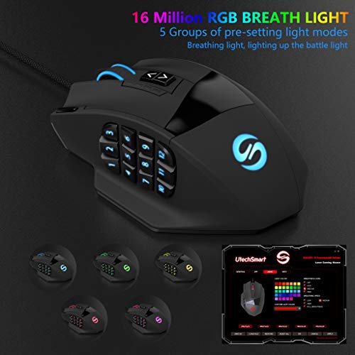 UtechSmart Ratón láser para Juegos MMO, Venus RGB LED MMO Mouse, de Alta precisión (18 Botones programables, 16400 dpi) UtechSmart Ratón láser para Juegos MMO, Venus RGB LED MMO Mouse, de Alta precisión (18 Botones programables, 16400 dpi)