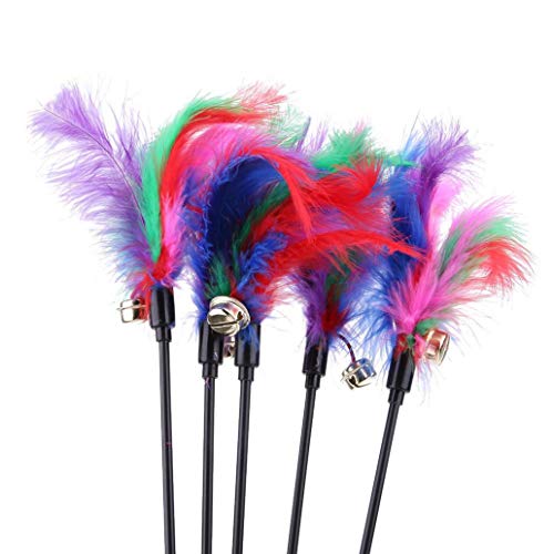 Uticon juguete de plumas de gato, 5 unidades, para mascota, gato, colorido, con plumas, campana, barra de juego interactivo