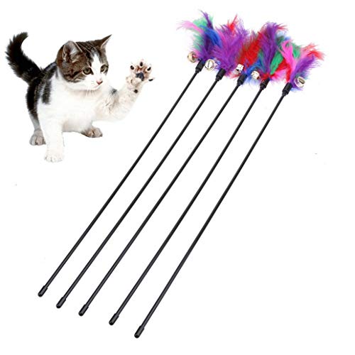 Uticon juguete de plumas de gato, 5 unidades, para mascota, gato, colorido, con plumas, campana, barra de juego interactivo