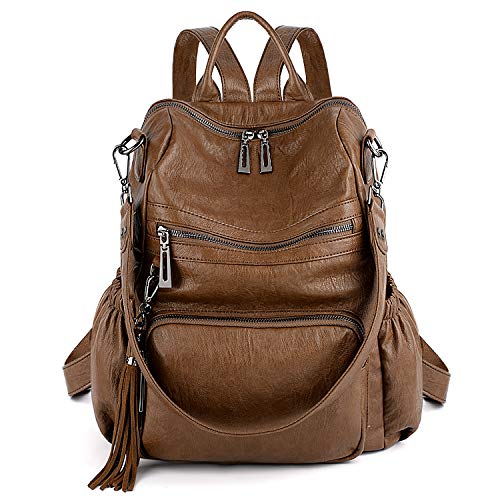 UTO - Bolso Mochila de Mujer Cuero Sintético Bolso Bandolera Bolso Escolar con Bolsillos Laterales con Borlas Marrón A UTO - Bolso Mochila de Mujer Cuero Sintético Bolso Bandolera Bolso Escolar con Bolsillos Laterales con Borlas Marrón A