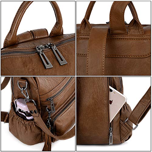 UTO - Bolso Mochila de Mujer Cuero Sintético Bolso Bandolera Bolso Escolar con Bolsillos Laterales con Borlas Marrón A