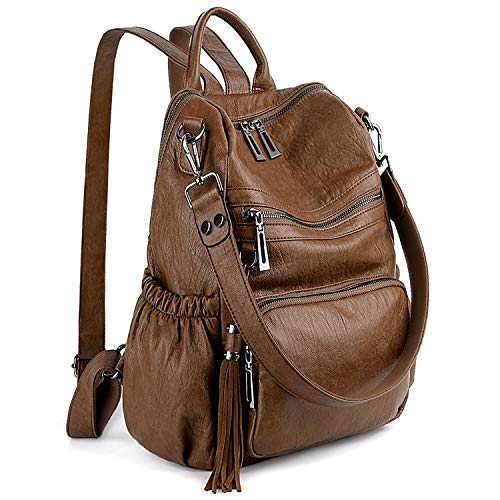 UTO - Bolso Mochila de Mujer Cuero Sintético Bolso Bandolera Bolso Escolar con Bolsillos Laterales con Borlas Marrón A UTO - Bolso Mochila de Mujer Cuero Sintético Bolso Bandolera Bolso Escolar con Bolsillos Laterales con Borlas Marrón A