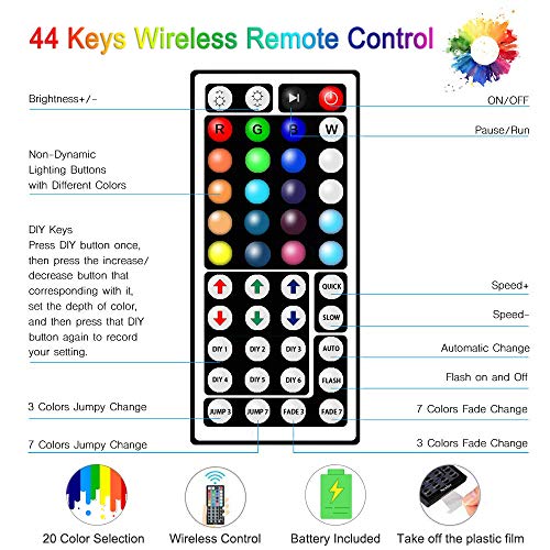 UTTORA 10M Tira LED, Tiras LED RGB 5050 12V con 300 LEDs, Iluminación de ambiente,Impermeable, Control Remoto de 44 Teclas para Decoración de Casa, Jardín, Fiesta, etc.