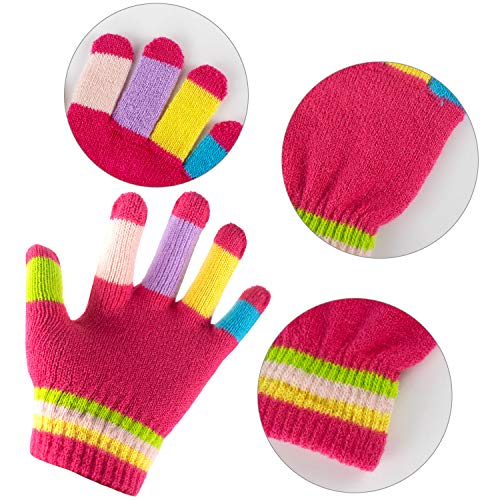 U&X 6 pares Guantes mágicos de rayas de punto para niños Adolescentes Guantes de invierno completos elásticos con dedos finos, 3-11 años (color)