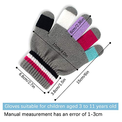 U&X 6 pares Guantes mágicos de rayas de punto para niños Adolescentes Guantes de invierno completos elásticos con dedos finos, 3-11 años (color)