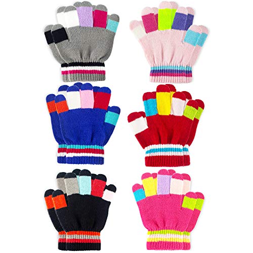 U&X 6 pares Guantes mágicos de rayas de punto para niños Adolescentes Guantes de invierno completos elásticos con dedos finos, 3-11 años (color)