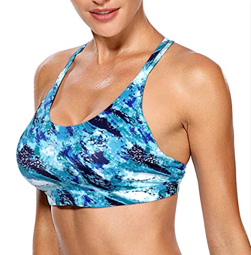 V FOR CITY Sujetador deportivo para mujer con sujetador acolchado y sujeción firme sin aros, espalda cruzada, copas moldeadas Fitness Yoga Bustier azul S