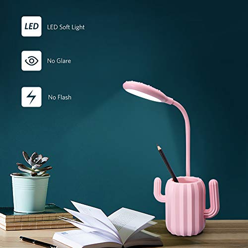 VADIV Lámpara Escritorio Led,Niño Cactus Flexo Lámpara de Mesa con Portalápices de Mesa USB Regulable Recargable 3 Modos Para Leer Estudiar Protege a Ojos - Rosa