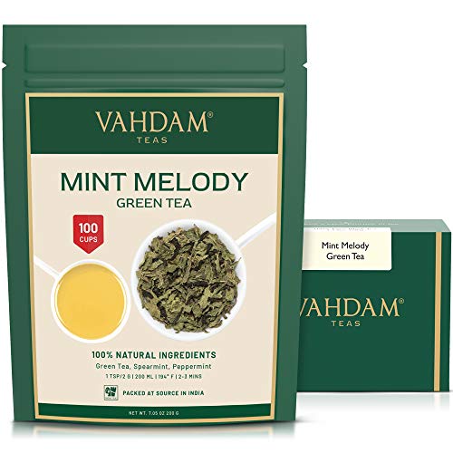 VAHDAM, hojas sueltas de té verde menta (100 tazas) | ANTIOXIDANTES RICOS | Té de menta con hojas de té verde puro | TAZA REFRESCANTE | Preparar como té caliente o té helado | 100gr (juego de 2)