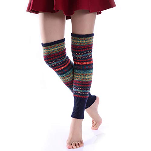 VAILANG Mujeres Niñas Calentadores de piernas largas de Punto Bohemio Contraste Color Rayas de Camuflaje Espesar sobre la Rodilla Cubrebotas de Botas Altas Calcetines Azul Marino Profundo