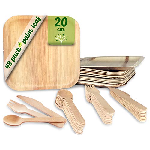 Vajilla desechable de 48 Piezas, 12 Platos de Hoja de Palma Cuadrados de 20 cm, Juego de Cubiertos de Madera Abedul de 12 cucharas, 12 Tenedores y 12 Cuchillos, Rustica, elegante y biodegradable