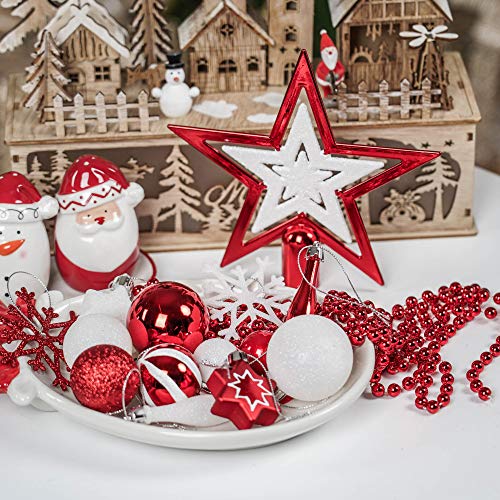 Valery Madelyn 52Pcs Bolas de Navidad de 3-5cm, Adornos de Navidad para Arbol, Decoración de Bolas Navideños Inastillable Plástico de Rojo y Blanco, Regalos de Colgantes de Navidad (Tradicional)