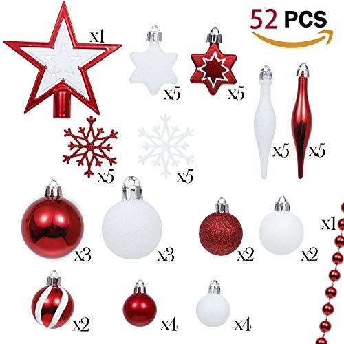 Valery Madelyn 52Pcs Bolas de Navidad de 3-5cm, Adornos de Navidad para Arbol, Decoración de Bolas Navideños Inastillable Plástico de Rojo y Blanco, Regalos de Colgantes de Navidad (Tradicional)
