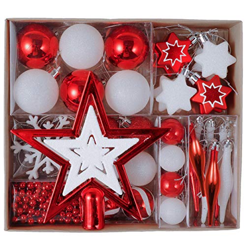 Valery Madelyn 52Pcs Bolas de Navidad de 3-5cm, Adornos de Navidad para Arbol, Decoración de Bolas Navideños Inastillable Plástico de Rojo y Blanco, Regalos de Colgantes de Navidad (Tradicional)