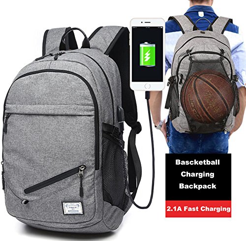 Valleycomfy - Mochila de lona para hombre con red para pelota de baloncesto extraíble e interfaz de carga USB, para ocio, deporte y viaje (hasta 39,6 cm), gris