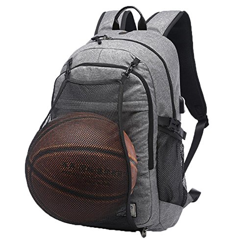 Valleycomfy - Mochila de lona para hombre con red para pelota de baloncesto extraíble e interfaz de carga USB, para ocio, deporte y viaje (hasta 39,6 cm), gris