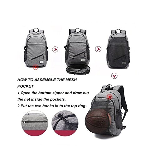 Valleycomfy - Mochila de lona para hombre con red para pelota de baloncesto extraíble e interfaz de carga USB, para ocio, deporte y viaje (hasta 39,6 cm), gris