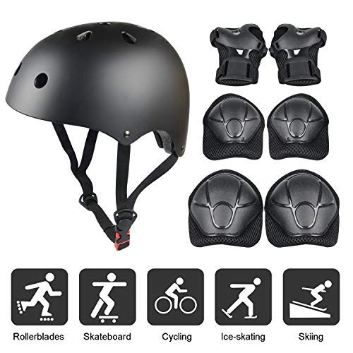 ValueTalks Protección Patinaje, Protección Infantil Consta de Casco Ajustable Rodilleras Coderas,Patinaje Ciclismo Monopatín y Deportes Extremos(Negro)