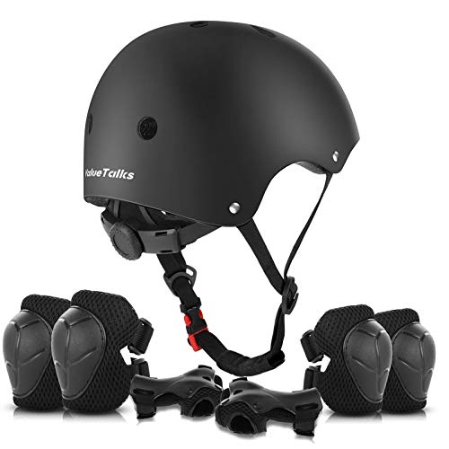 ValueTalks Protección Patinaje, Protección Infantil Consta de Casco Ajustable Rodilleras Coderas,Patinaje Ciclismo Monopatín y Deportes Extremos(Negro)