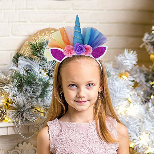 vamei Disfraz de Unicornio para Niñas Diadema Unicornio Floral con Oreja y Falda Tutú de Arco Iris Disfraz para Fiesta Púrpura(Azul)