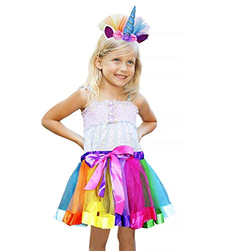 vamei Disfraz de Unicornio para Niñas Diadema Unicornio Floral con Oreja y Falda Tutú de Arco Iris Disfraz para Fiesta Púrpura(Azul)