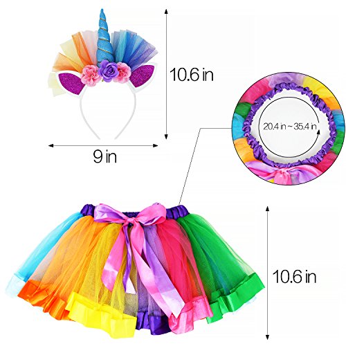 vamei Disfraz de Unicornio para Niñas Diadema Unicornio Floral con Oreja y Falda Tutú de Arco Iris Disfraz para Fiesta Púrpura(Azul)