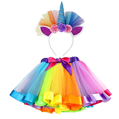 vamei Disfraz de Unicornio para Niñas Diadema Unicornio Floral con Oreja y Falda Tutú de Arco Iris Disfraz para Fiesta Púrpura(Azul)