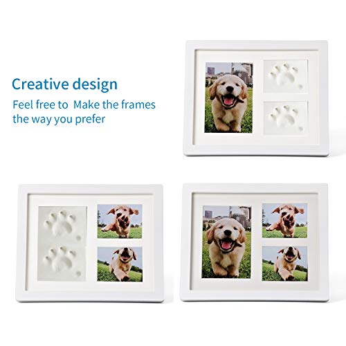 Vankee Marco para Foto Blanco, Marco Doble para Foto y Huella de Pie para Perro y Gato, Decoraciones para Pared y Mesa con Kit de Impresión de Arcilla -Blanco/Blanco