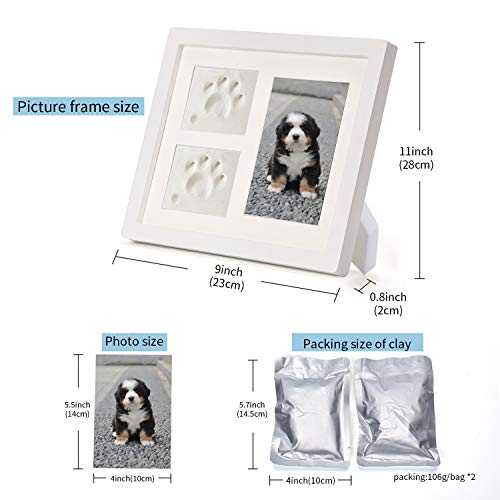 Vankee Marco para Foto Blanco, Marco Doble para Foto y Huella de Pie para Perro y Gato, Decoraciones para Pared y Mesa con Kit de Impresión de Arcilla -Blanco/Blanco