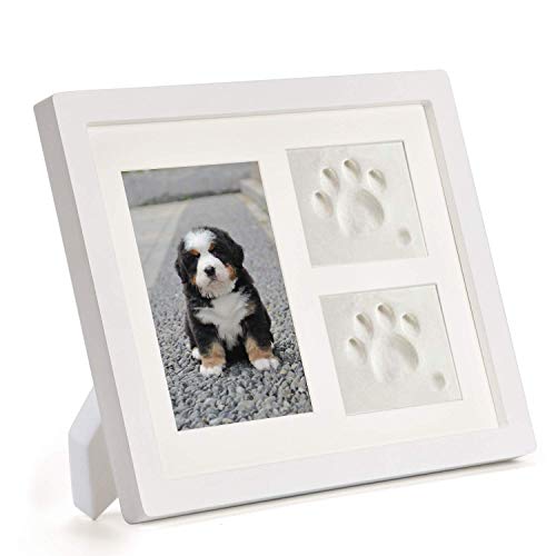 Vankee Marco para Foto Blanco, Marco Doble para Foto y Huella de Pie para Perro y Gato, Decoraciones para Pared y Mesa con Kit de Impresión de Arcilla -Blanco/Blanco