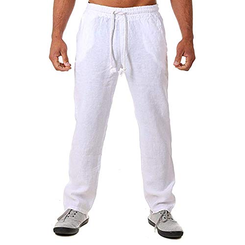 VANVENE Pantalones deportivos de lino con dobladillo abierto para hombre, estilo casual, holgado, elástico, con cordón, para yoga, playa, color blanco, XL