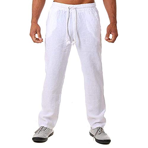 VANVENE Pantalones deportivos de lino con dobladillo abierto para hombre, estilo casual, holgado, elástico, con cordón, para yoga, playa, color blanco, XL VANVENE Pantalones deportivos de lino con dobladillo abierto para hombre, estilo casual, holgado, elástico, con cordón, para yoga, playa, color blanco, XL