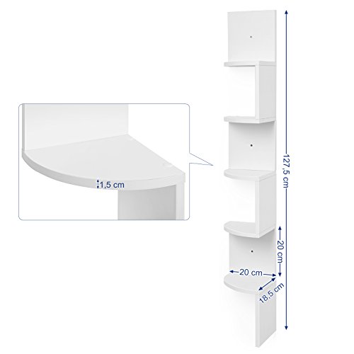 VASAGLE Estantería para Esquina, Estantería Colgante de 5 Niveles, Estantería de Pared con Diseño en Zigzag, Estantería para Libros, Blanco LBC20WT