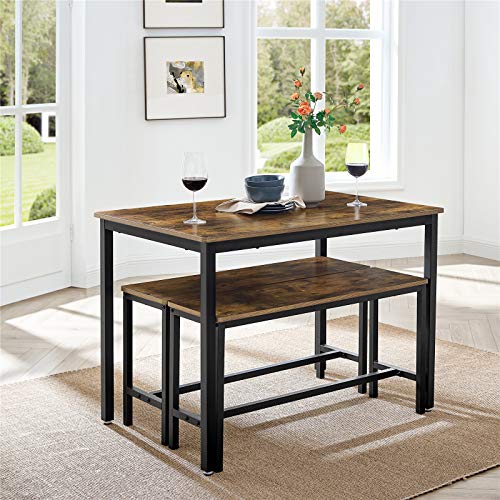 VASAGLE Juego de Mesa de Comedor y Sillas, Mesa de Cocina de 110 x 70 x 75 cm con 2 Taburetes de 97 x 30 x 50 cm, Marco de Acero, para Comedor, Sala de Estar, Marrón Rústico y Negro KDT070B01