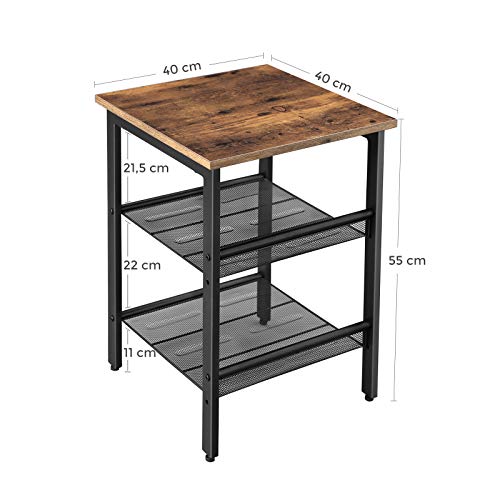 VASAGLE Mesita de Noche Industrial, Mesa Auxiliar con 2 Estantes de Malla Ajustable, para Dormitorio, Salón, Armazón Metálico Estable, Fácil Montaje, Marrón Rústico y Negro LET23X