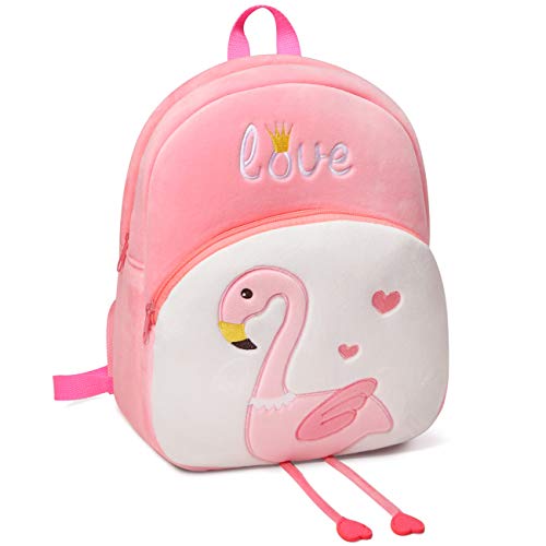 VASCHY Mochila Niña,Mochila Infantil Niñas Escolar Pequeña Felpa Linda de Bolsa para Guarderia con Hebilla de Pecho Flamenco