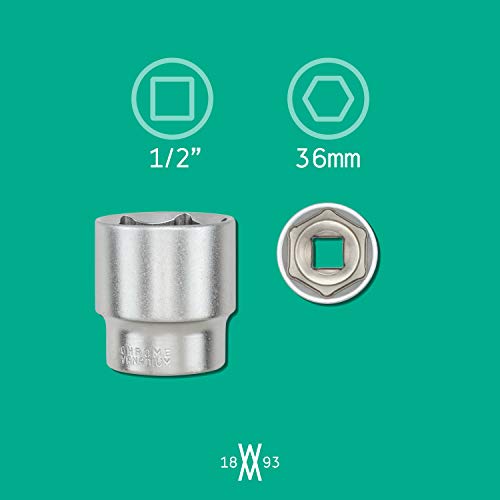 Vaso de 36 mm para llave de carraca de 1/2" de Acero al cromo vanadio | Vaso hexagonal con adaptador de 12,5 mm (1/2") de WIESEMANN 1893 | 80805