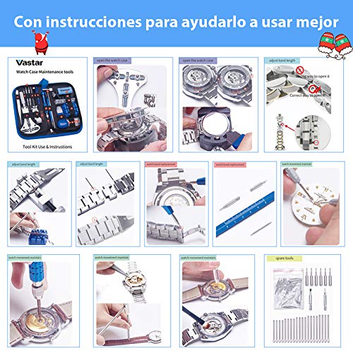 Vastar 177pcs Kit de Reparación de Relojes - Herramientas de Reparación Profesionales para Reloj, Más Completas y Profesionales, con Abridor de Repara Pulsera de Reloj 52mm, Instrucción etc.