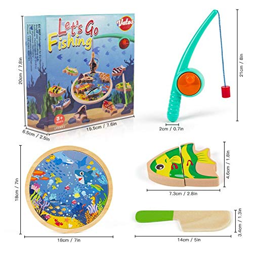 VATOS - Juego de Pesca magnético 3 en 1, 26 Piezas, Juguetes de Madera, Letras del Alfabeto, Juguetes de Pesca, Aprendizaje, Juguetes educativos con Postes magnéticos para niños de 2 3 4 5 6 años