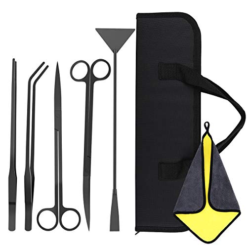 VavoPaw [5 PZS Herramientas de Acuarios de Acero Inoxidable, Kits para Acuarios con 2 Tijeras 2 Pinzas Espátula Bolsa de Almacenamiento y Toalla Absorbente para Planta Acuática - Negro