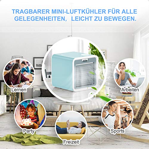 VAZILLIO 3 en 1 Mini Enfriador de Aire, Aire Acondicionado Portátil, Humidificador con Mango, refrigerador de Aire para Trabajo y hogar (Azul Claro)