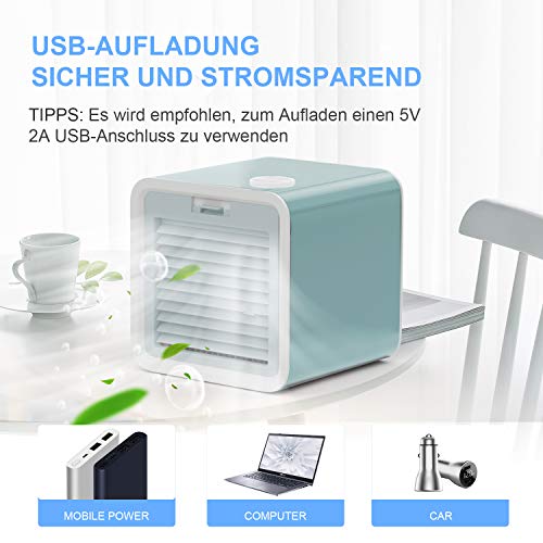 VAZILLIO 3 en 1 Mini Enfriador de Aire, Aire Acondicionado Portátil, Humidificador con Mango, refrigerador de Aire para Trabajo y hogar (Azul Claro)