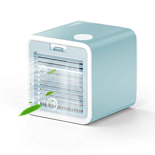 VAZILLIO 3 en 1 Mini Enfriador de Aire, Aire Acondicionado Portátil, Humidificador con Mango, refrigerador de Aire para Trabajo y hogar (Azul Claro)