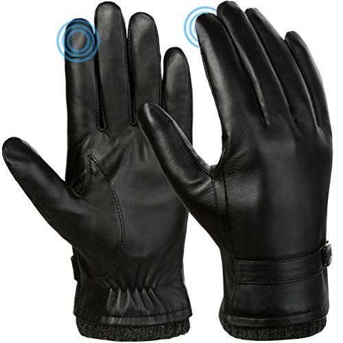 VBIGER Hombres Guantes de invierno de cuero genuino Todos los dedos Guantes con pantalla táctil Guantes de moto de conducción cálidos Fleece Guante de trabajo (M)