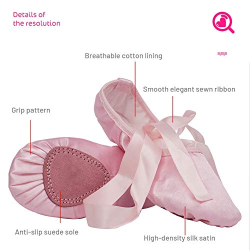 VCIXXVCE Zapatos de Baile de Ballet de satén para niñas Zapatillas de Ballet Zapatillas de Gimnasia Suela Partida con Cinta,Rosa,28 EU